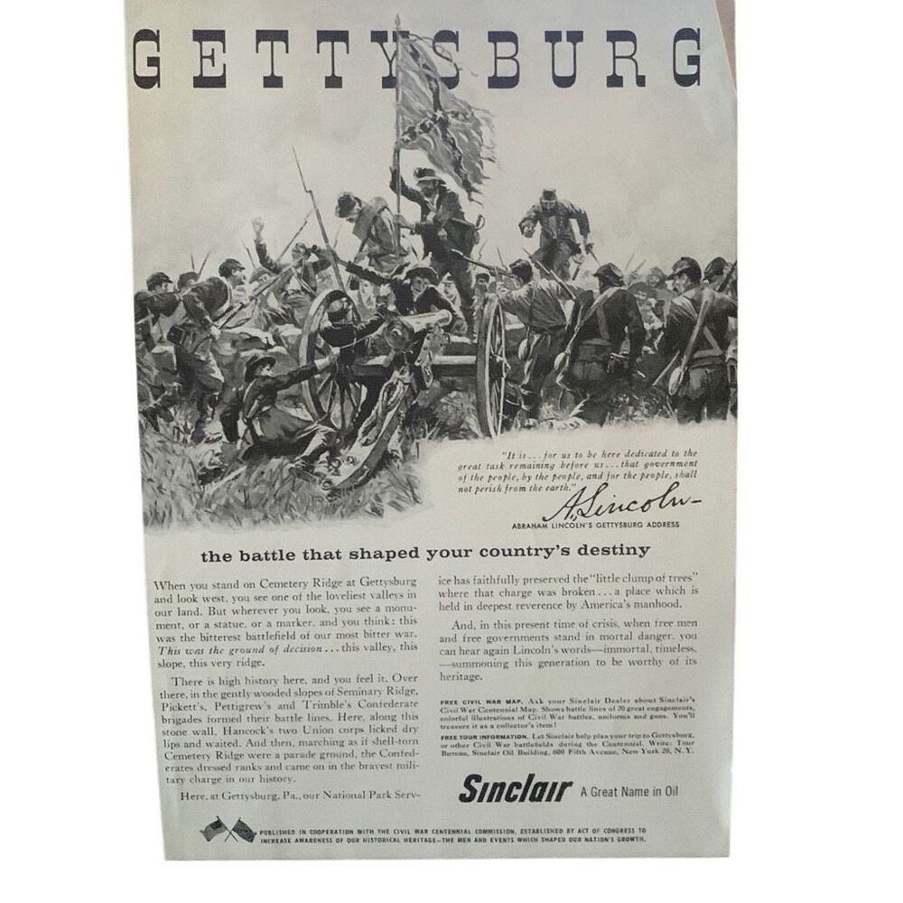 Vintage 1961 Sinclair Oil Gettysburg Destiny Ad Advertisement